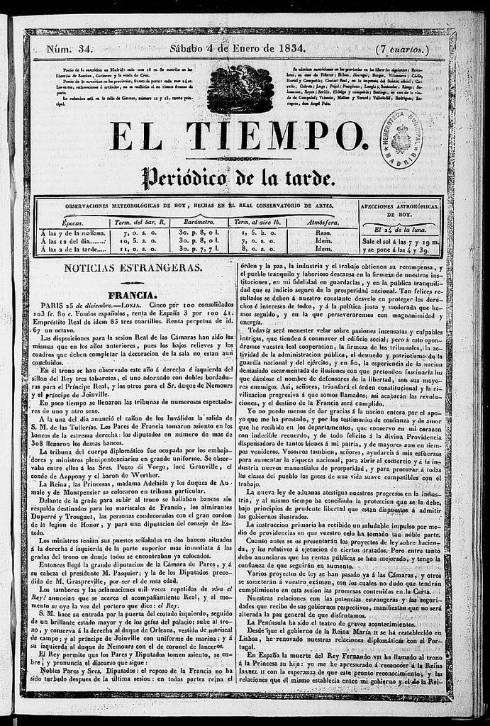 Miniatura de El Tiempo: periódico de la tarde del 4 de enero de 1834, nº 34