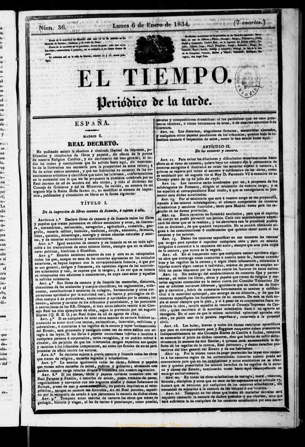 Miniatura de El Tiempo: periódico de la tarde del 6 de enero de 1834, nº 36
