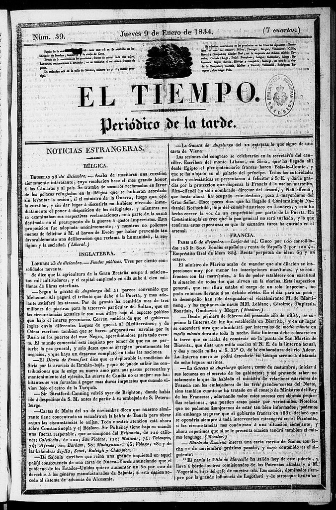 Miniatura de El Tiempo: periódico de la tarde del 9 de enero de 1834, nº 39