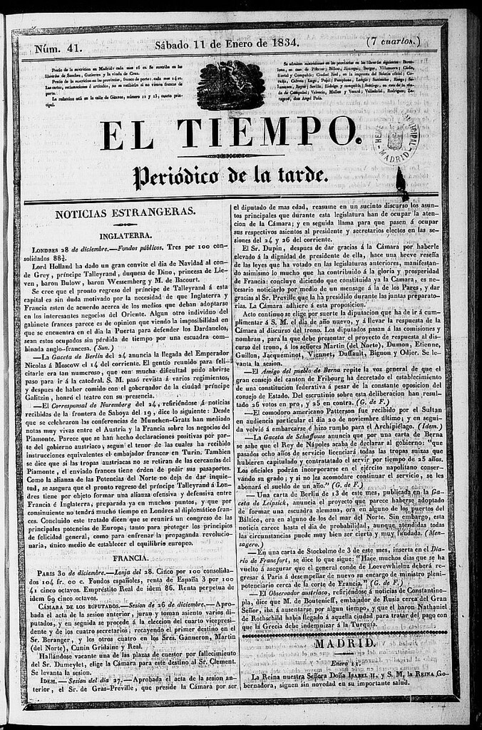 Miniatura de El Tiempo: periódico de la tarde del 11 de enero de 1834, nº 41