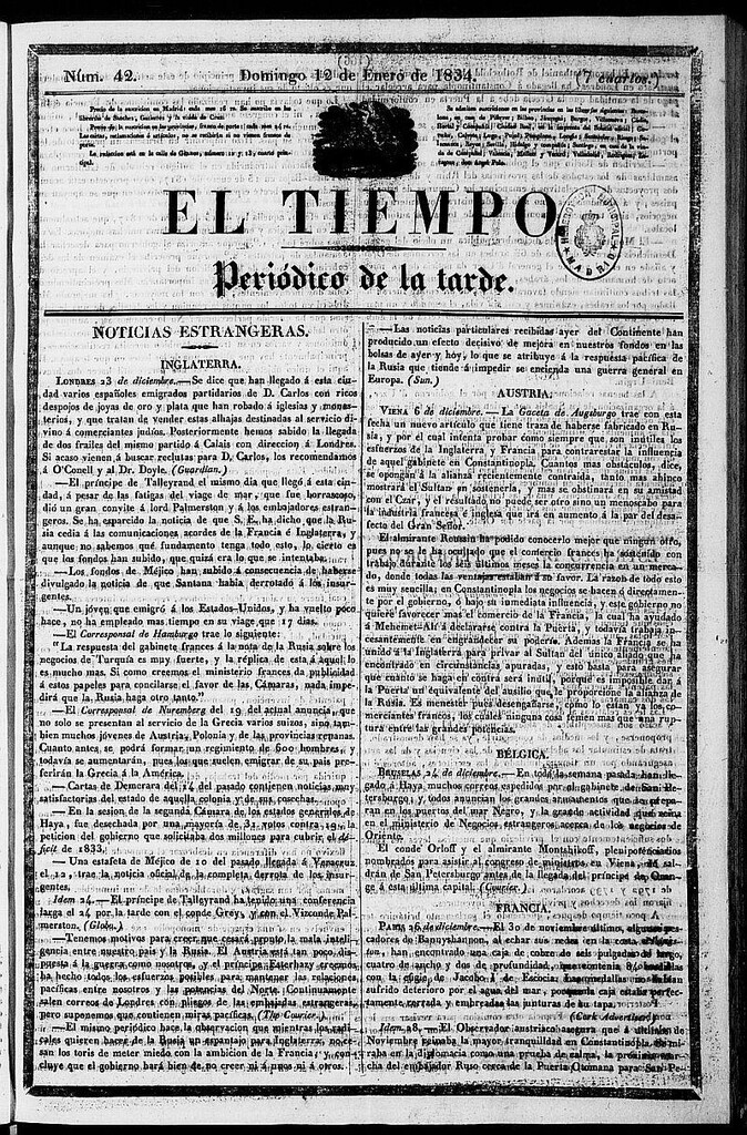 Miniatura de El Tiempo: periódico de la tarde del 12 de enero de 1834, nº 42