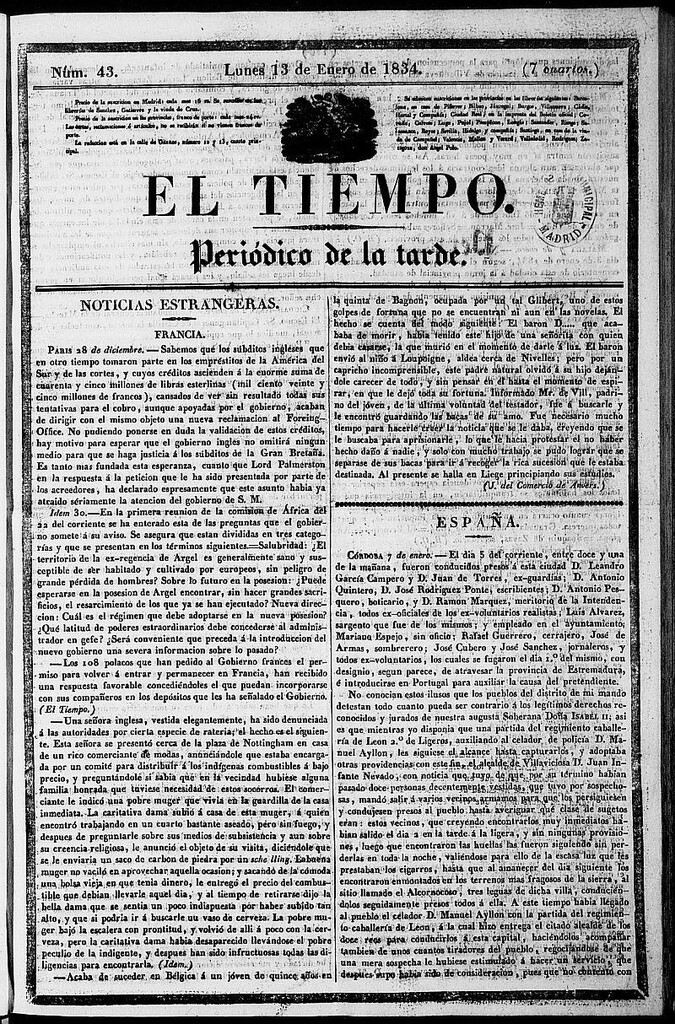 Miniatura de El Tiempo: periódico de la tarde del 13 de enero de 1834, nº 43
