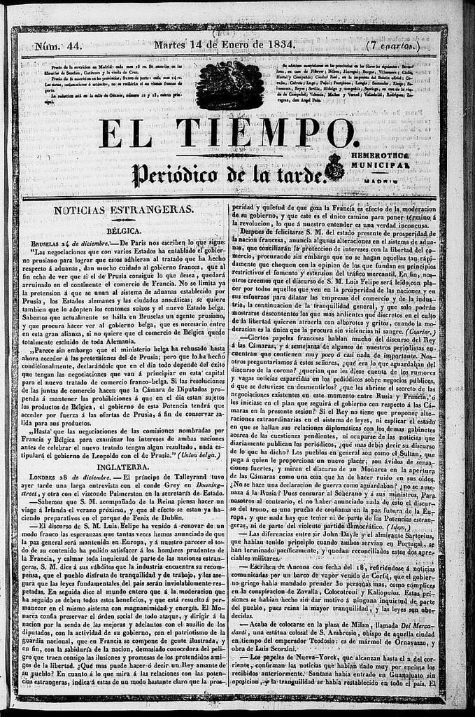 Miniatura de El Tiempo: periódico de la tarde del 14 de enero de 1834, nº 44