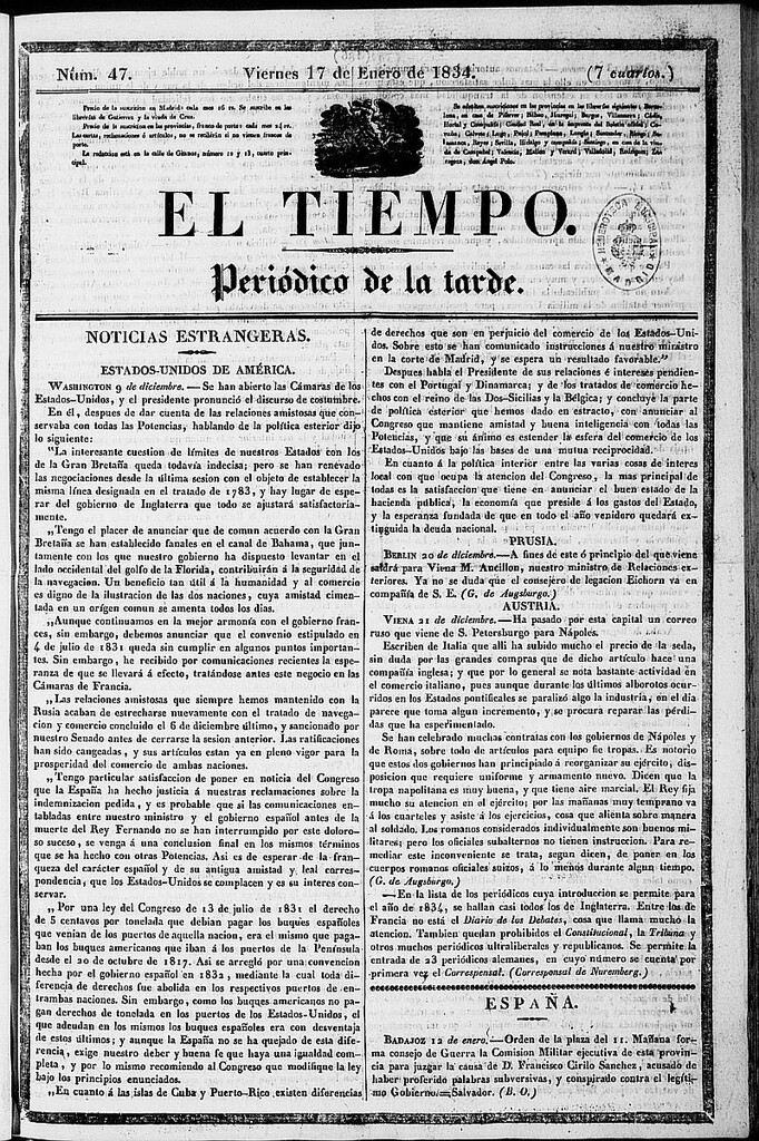 Miniatura de El Tiempo: periódico de la tarde del 17 de enero de 1834, nº 47