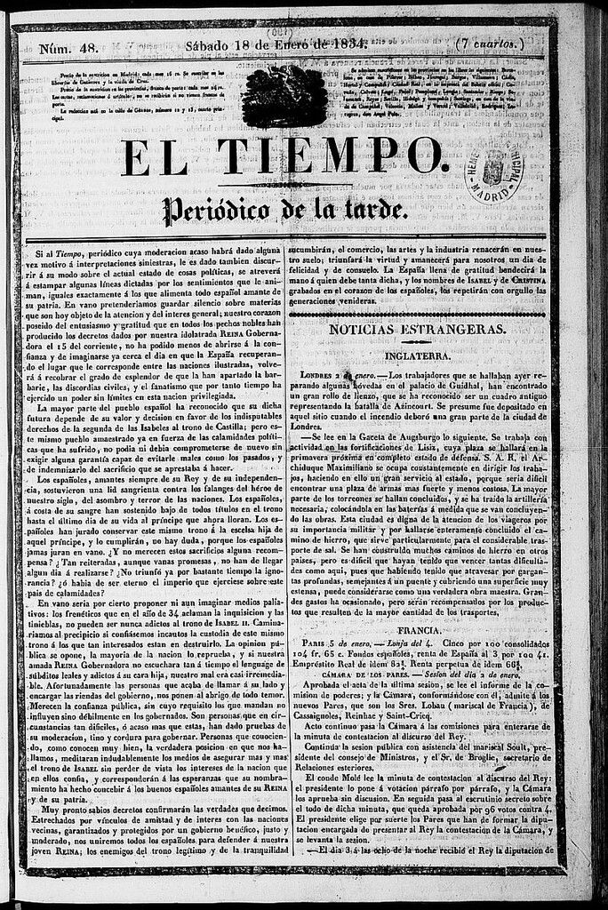 Miniatura de El Tiempo: periódico de la tarde del 18 de enero de 1834, nº 48
