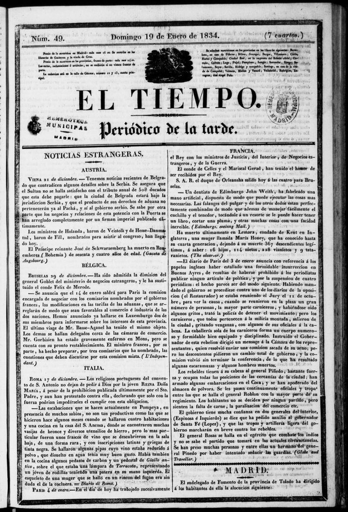 Miniatura de El Tiempo: periódico de la tarde del 19 de enero de 1834, nº 49