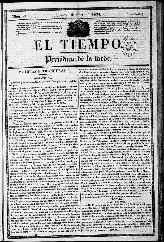Miniatura de El Tiempo: periódico de la tarde del 20 de enero de 1834, nº 50