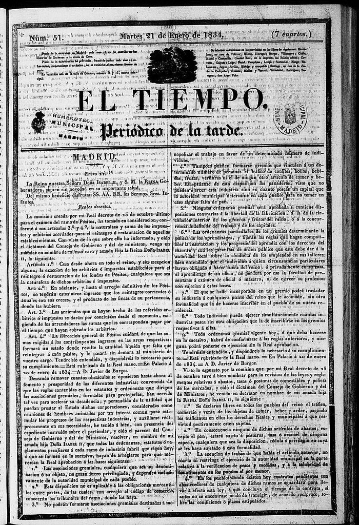 Miniatura de El Tiempo: periódico de la tarde del 21 de enero de 1834, nº 51