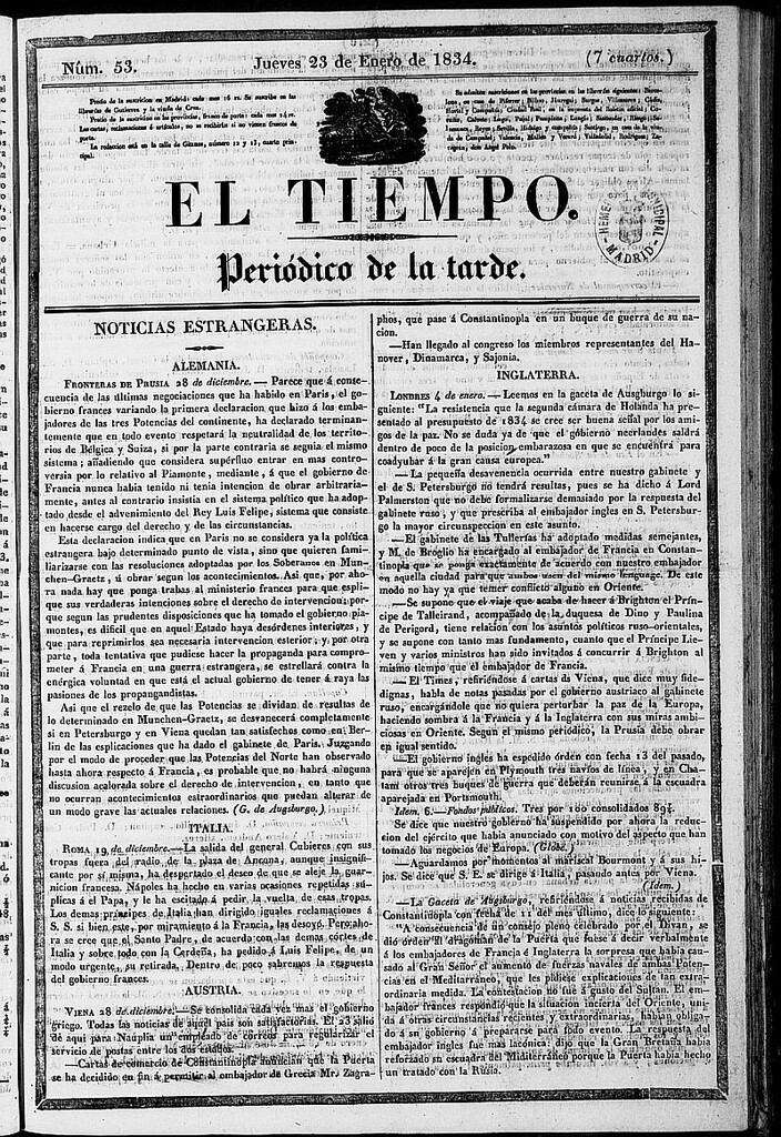 Miniatura de El Tiempo: periódico de la tarde del 23 de enero de 1834, nº 53