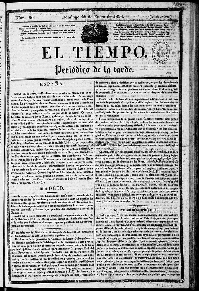 Miniatura de El Tiempo: periódico de la tarde del 26 de enero de 1834, nº 56