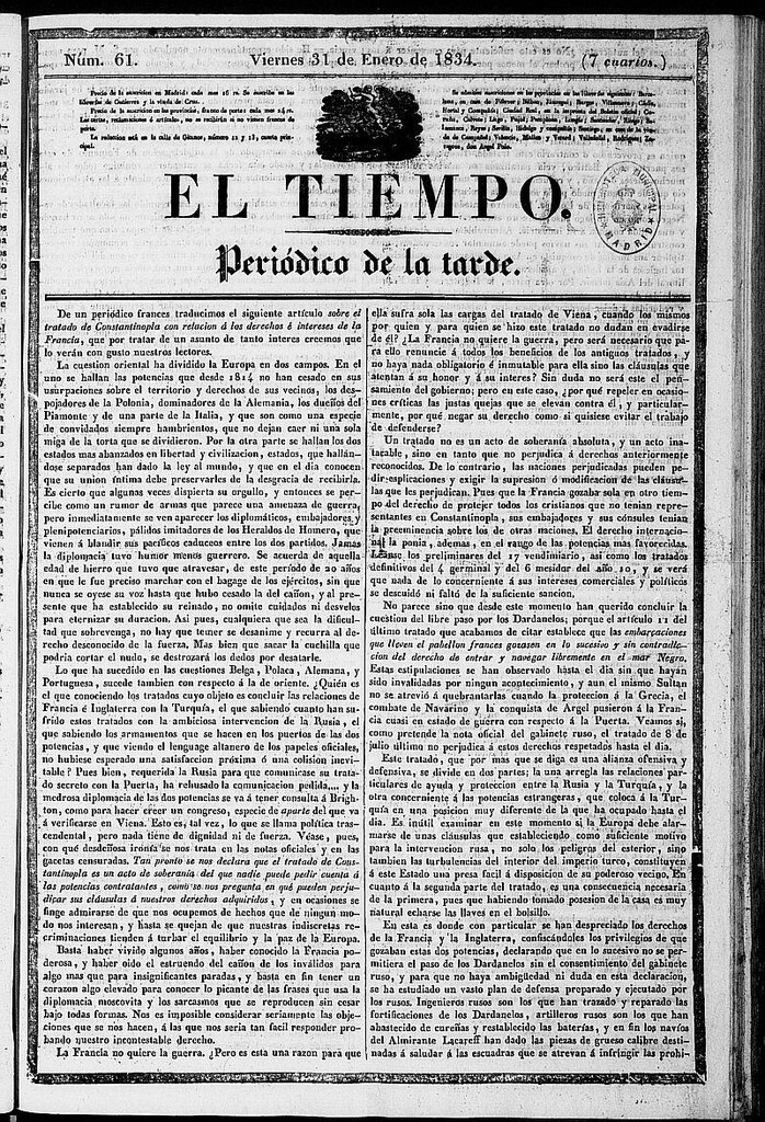 Miniatura de El Tiempo: periódico de la tarde del 31 de enero de 1834, nº 61