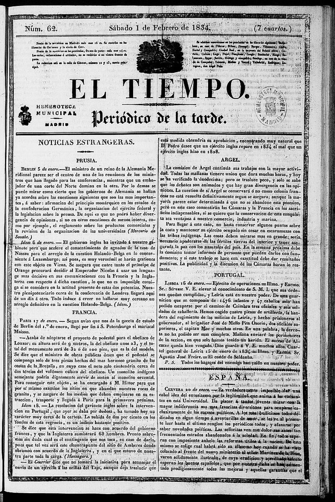 Miniatura de El Tiempo: periódico de la tarde del 1 de febrero de 1834, nº 62