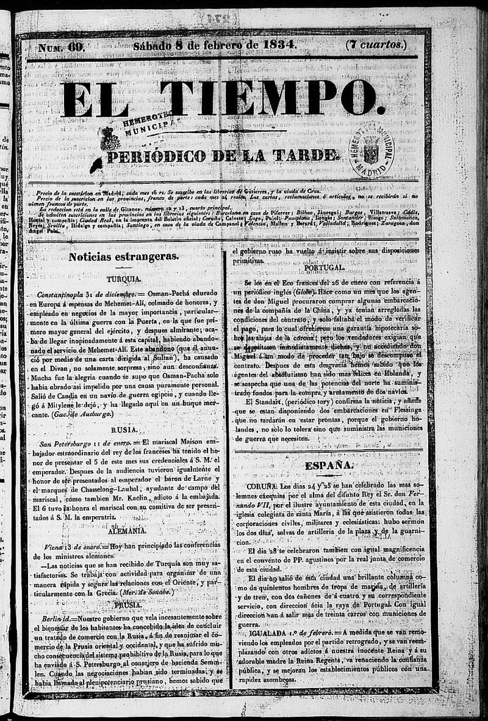 Miniatura de El Tiempo: periódico de la tarde del 8 de febrero de 1834, nº 69