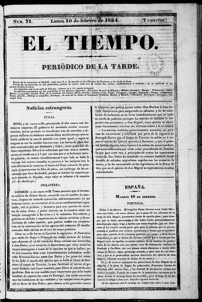 Miniatura de El Tiempo: periódico de la tarde del 10 de febrero de 1834, nº 71