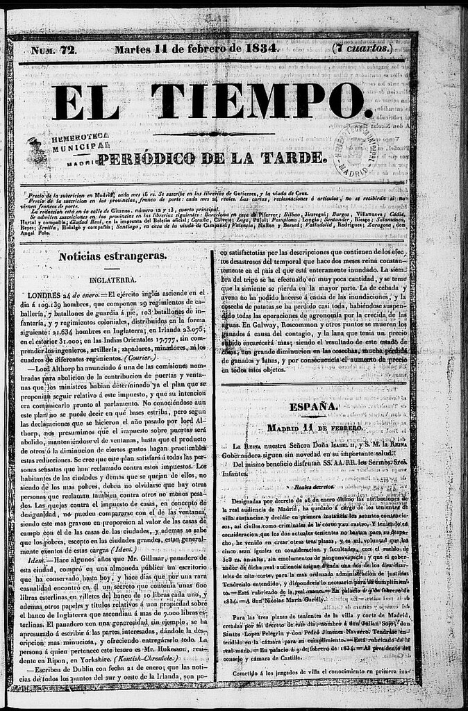 Miniatura de El Tiempo: periódico de la tarde del 11 de febrero de 1834, nº 72