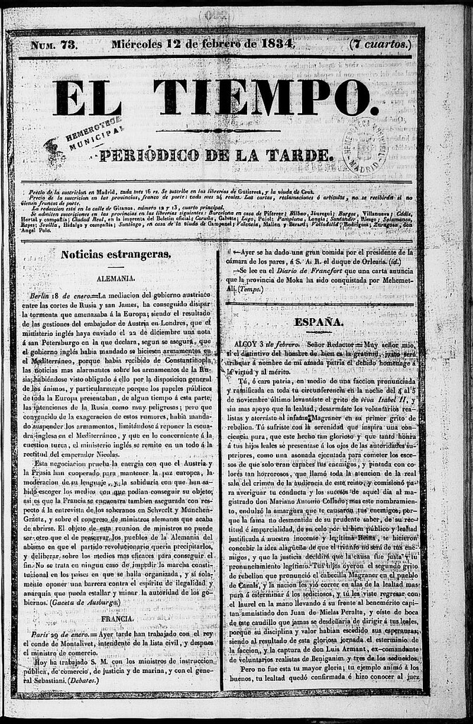 Miniatura de El Tiempo: periódico de la tarde del 12 de febrero de 1834, nº 73
