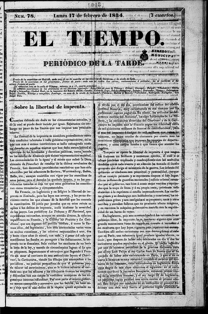 Miniatura de El Tiempo: periódico de la tarde del 17 de febrero de 1834, nº 78