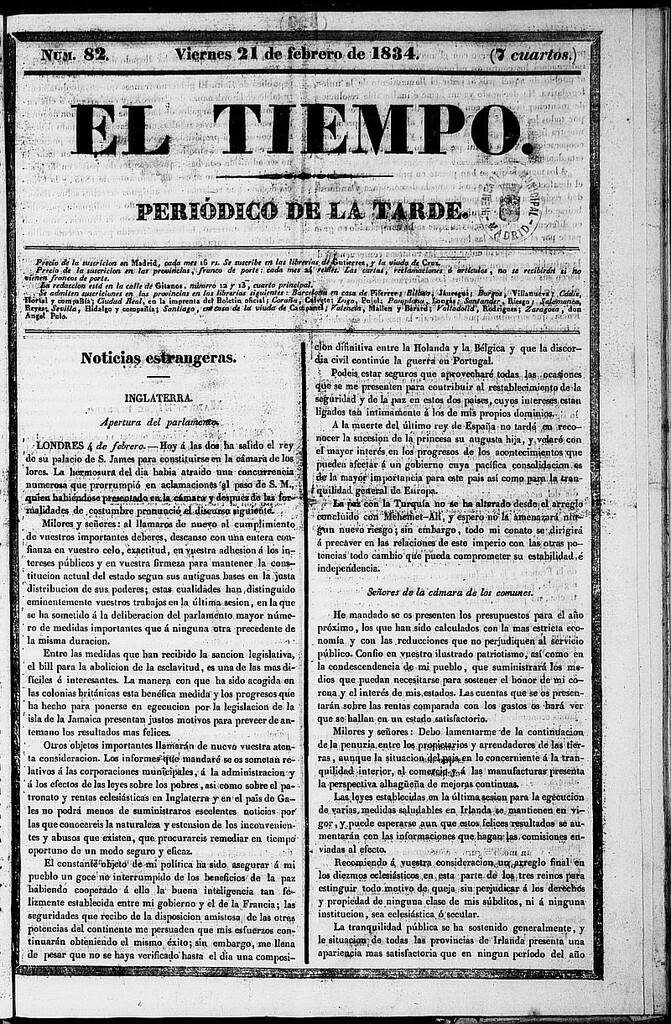 Miniatura de El Tiempo: periódico de la tarde del 21 de febrero de 1834, nº 82