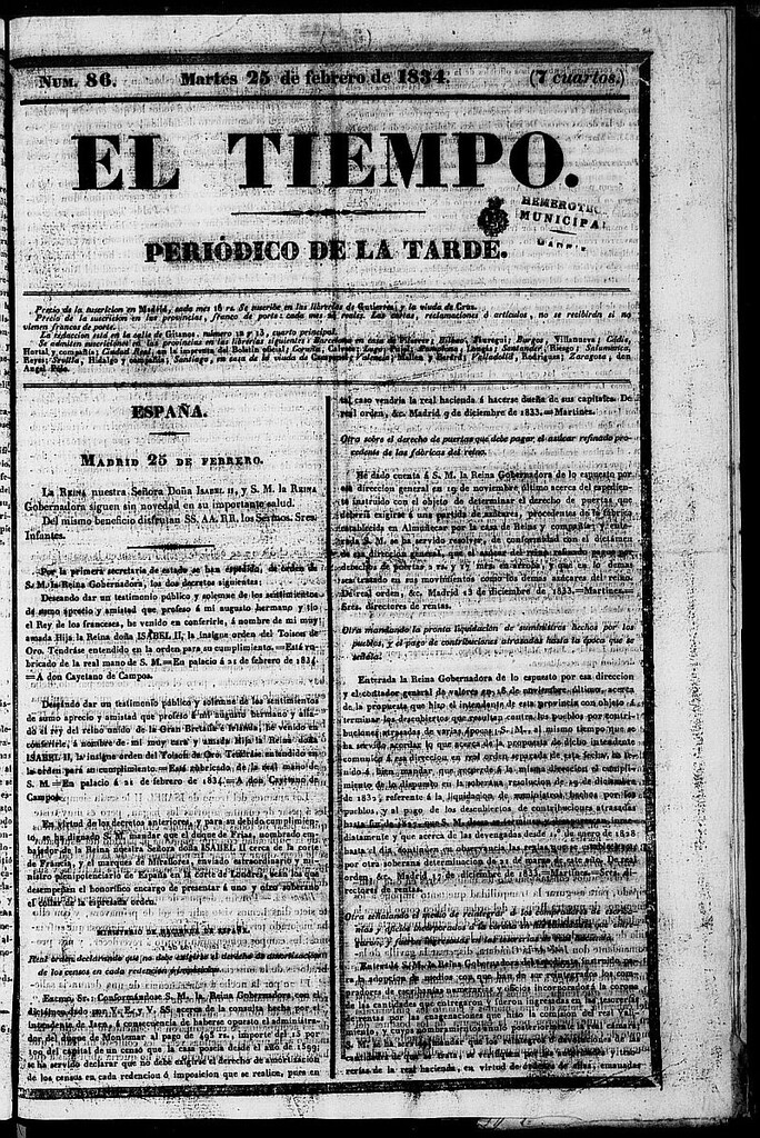Miniatura de El Tiempo: periódico de la tarde del 25 de febrero de 1834, nº 86