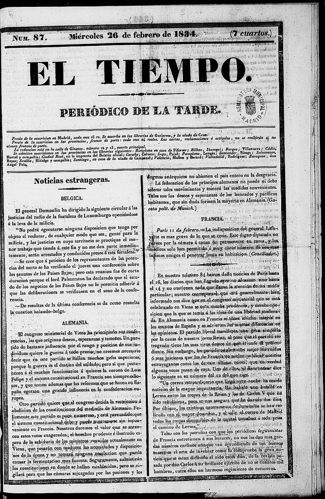 Miniatura de El Tiempo: periódico de la tarde del 26 de febrero de 1834, nº 87