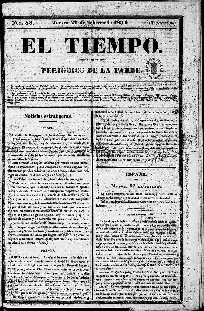 Miniatura de El Tiempo: periódico de la tarde del 27 de febrero de 1834, nº 88