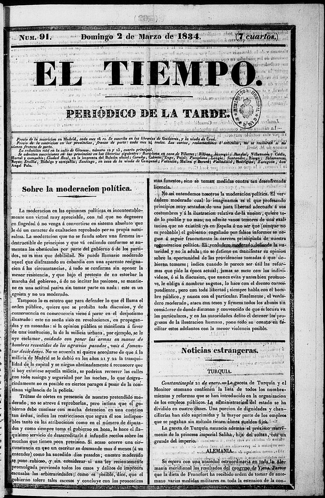 Miniatura de El Tiempo: periódico de la tarde del 2 de marzo de 1834, nº 91