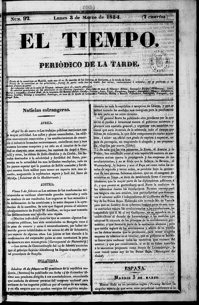 Miniatura de El Tiempo: periódico de la tarde del 3 de marzo de 1834, nº 92
