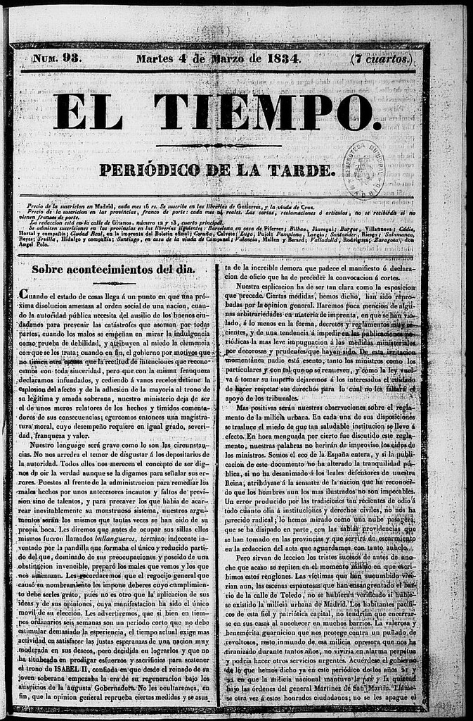 Miniatura de El Tiempo: periódico de la tarde del 4 de marzo de 1834, nº 93