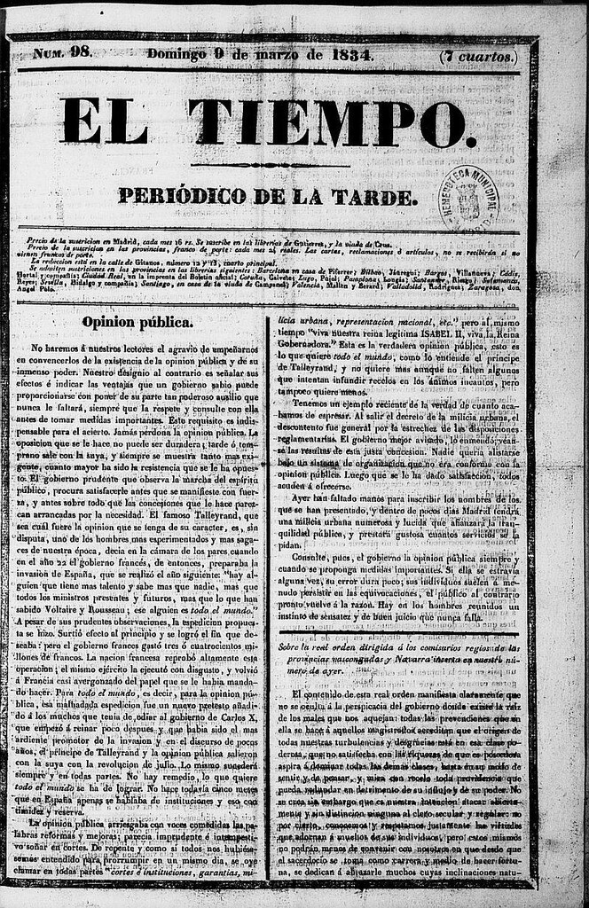 Miniatura de El Tiempo: periódico de la tarde del 9 de marzo de 1834, nº 98
