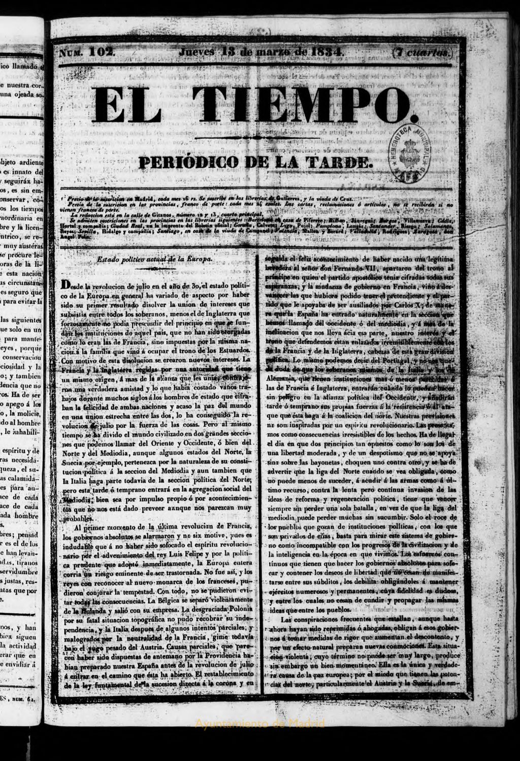 Miniatura de El Tiempo: periódico de la tarde del 13 de marzo de 1834, nº 102