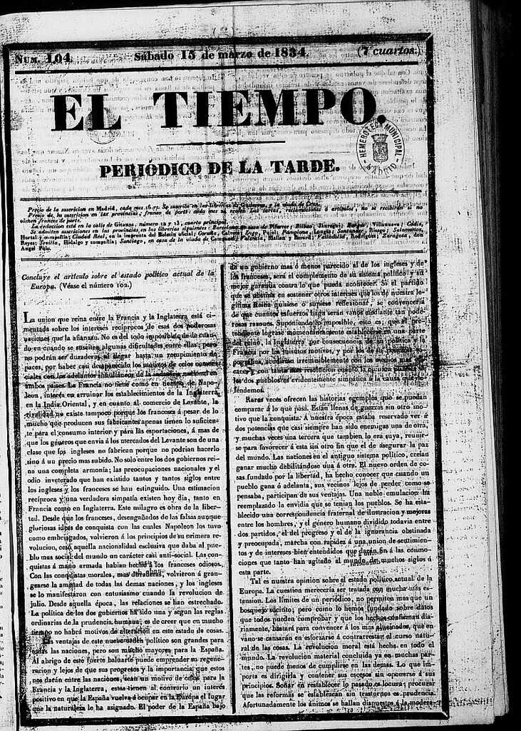 Miniatura de El Tiempo: periódico de la tarde del 15 de marzo de 1834, nº 104