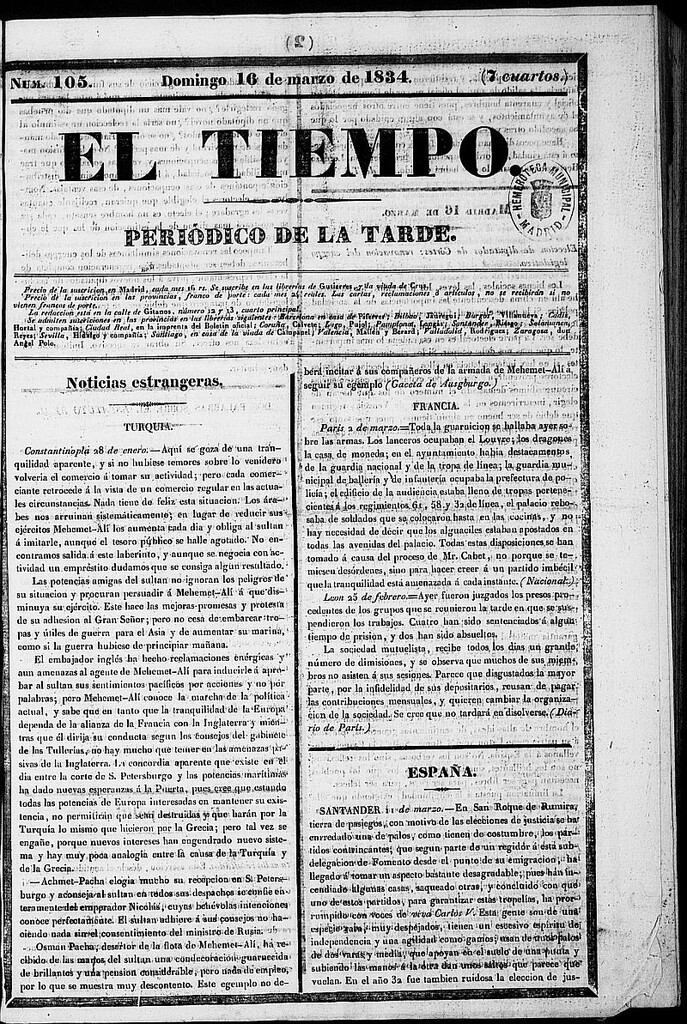 Miniatura de El Tiempo: periódico de la tarde del 16 de marzo de 1834, nº 105