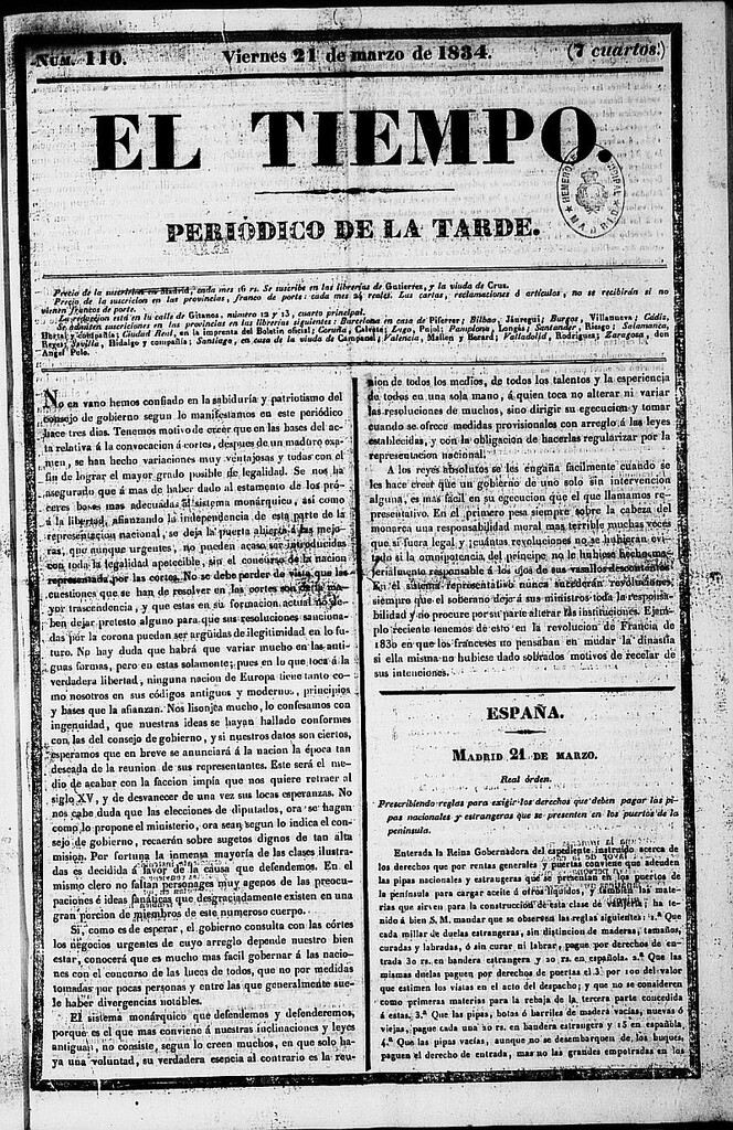 Miniatura de El Tiempo: periódico de la tarde del 21 de marzo de 1834, nº 110
