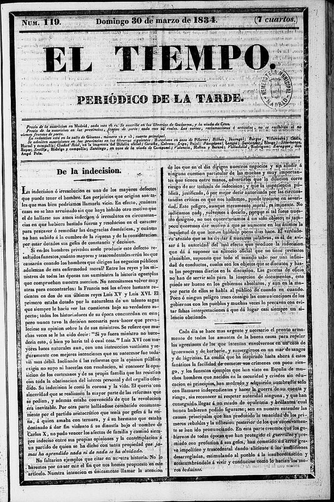Miniatura de El Tiempo: periódico de la tarde del 30 de marzo de 1834, nº 119