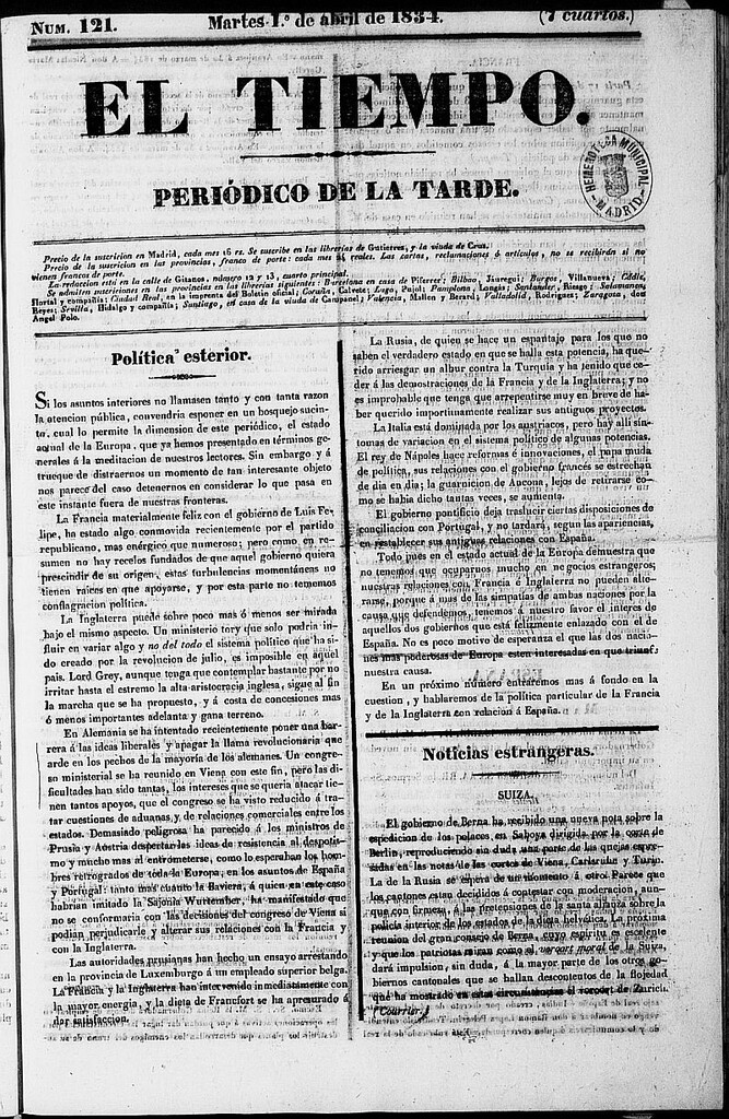 Miniatura de El Tiempo: periódico de la tarde del 1 de abril de 1834, nº 121