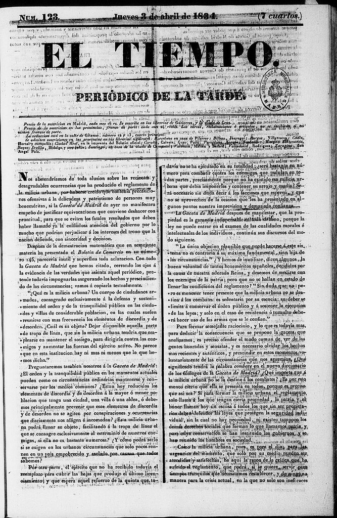 Miniatura de El Tiempo: periódico de la tarde del 3 de abril de 1834, nº 123