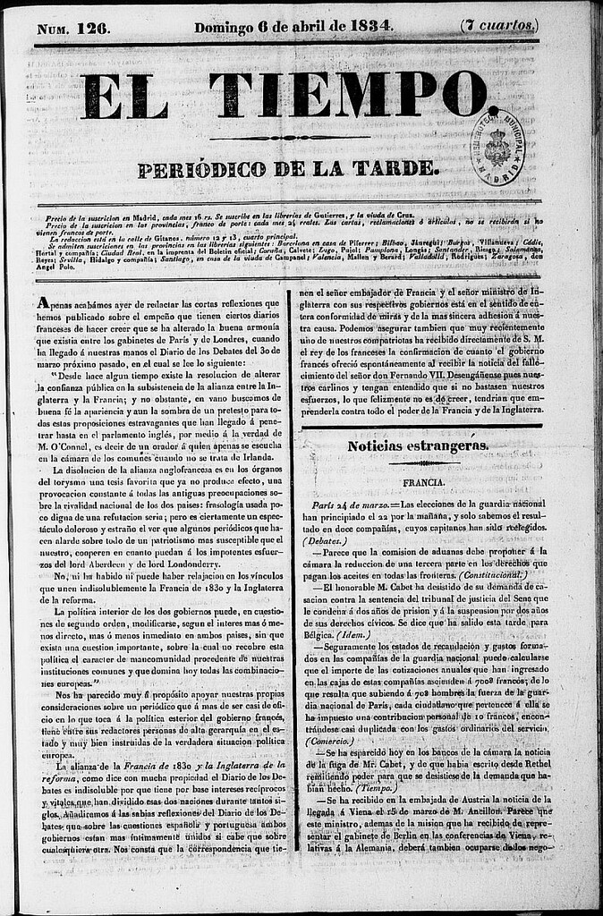 Miniatura de El Tiempo: periódico de la tarde del 6 de abril de 1834, nº 126