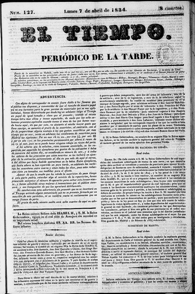 Miniatura de El Tiempo: periódico de la tarde del 7 de abril de 1834, nº 127