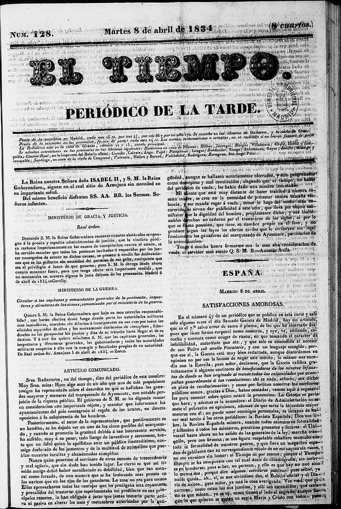 Miniatura de El Tiempo: periódico de la tarde del 8 de abril de 1834, nº 128