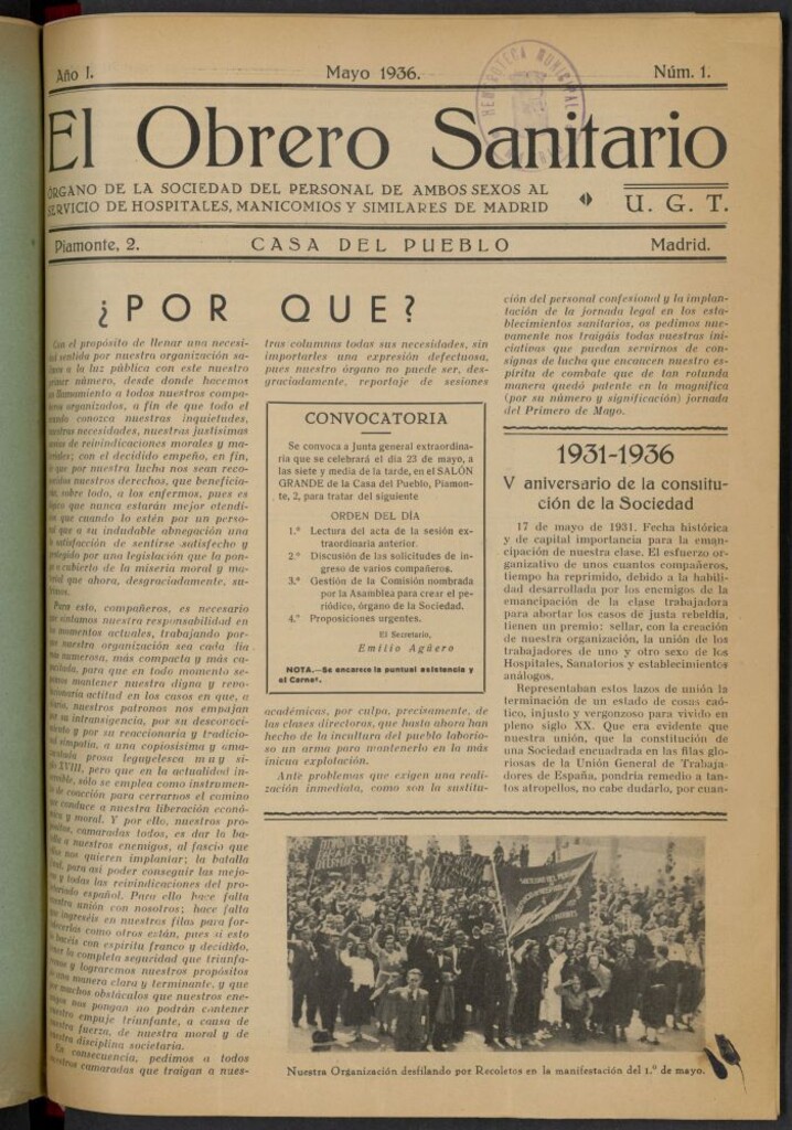 Miniatura de El obrero sanitario : órgano de la Sociedad del Personal de ambos sexos al Servicio de Hospitales, Manicomios y Similares de Madrid