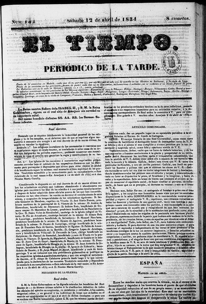 Miniatura de El Tiempo: periódico de la tarde del 12 de abril de 1834, nº 132