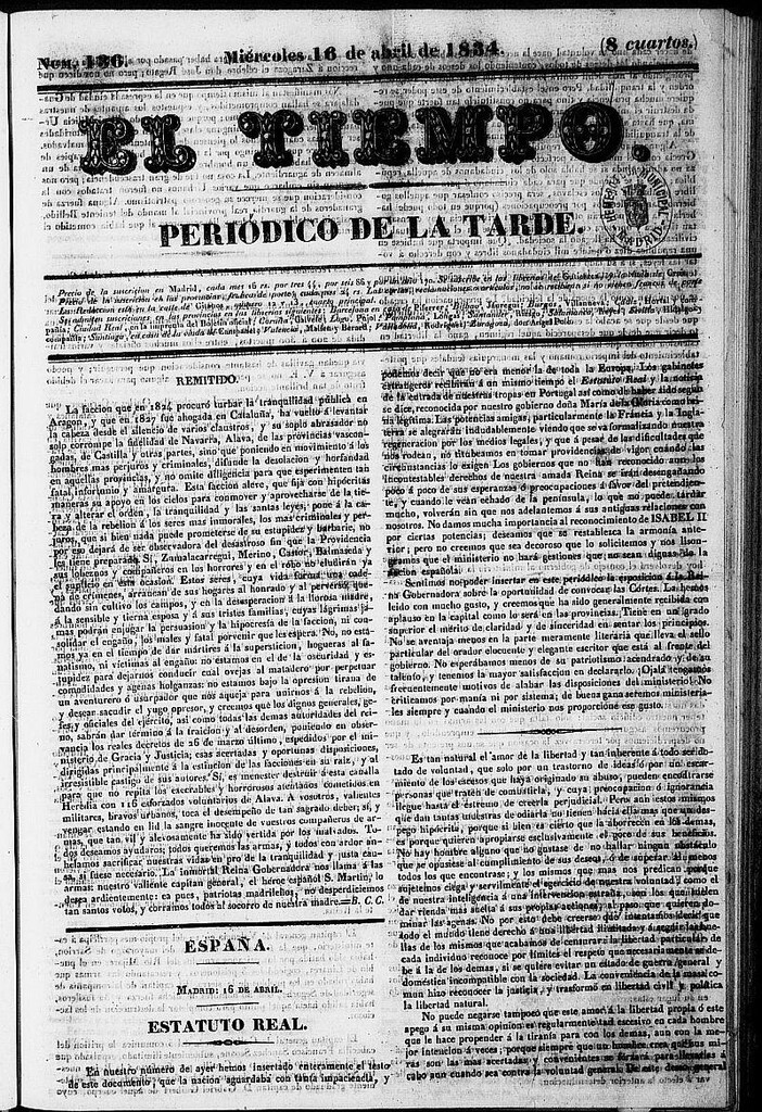 Miniatura de El Tiempo: periódico de la tarde del 16 de abril de 1834, nº 136