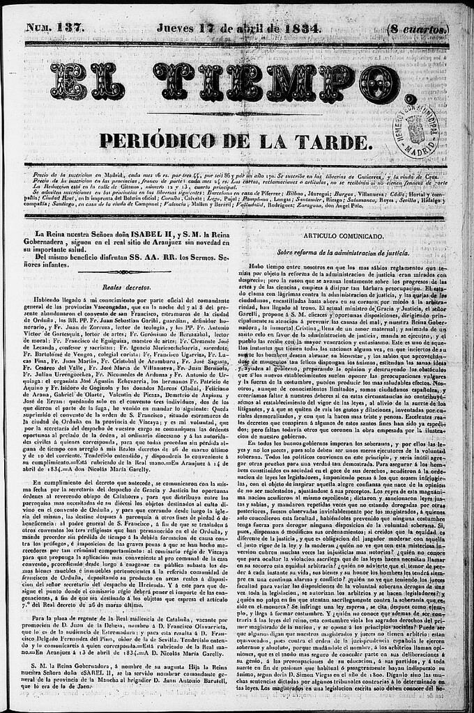 Miniatura de El Tiempo: periódico de la tarde del 17 de abril de 1834, nº 137