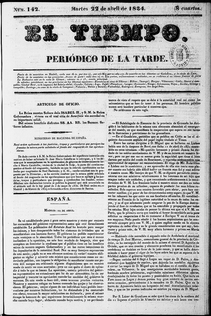 Miniatura de El Tiempo: periódico de la tarde del 22 de abril de 1834, nº 142