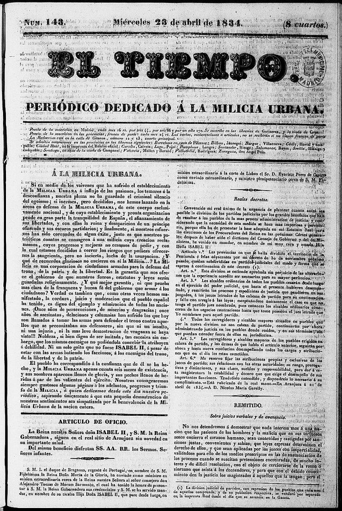 Miniatura de El Tiempo: periódico de la tarde del 23 de abril de 1834, nº 143