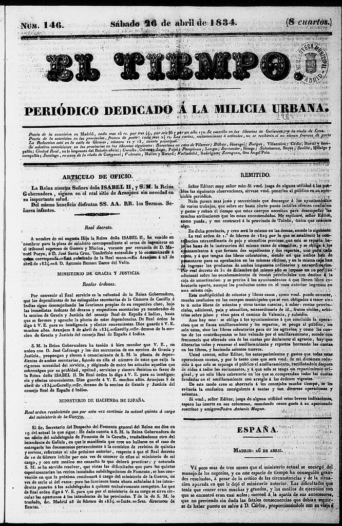Miniatura de El Tiempo: periódico de la tarde del 26 de abril de 1834, nº 146