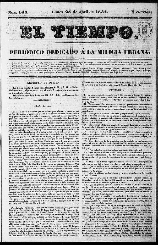 Miniatura de El Tiempo: periódico de la tarde del 28 de abril de 1834, nº 148