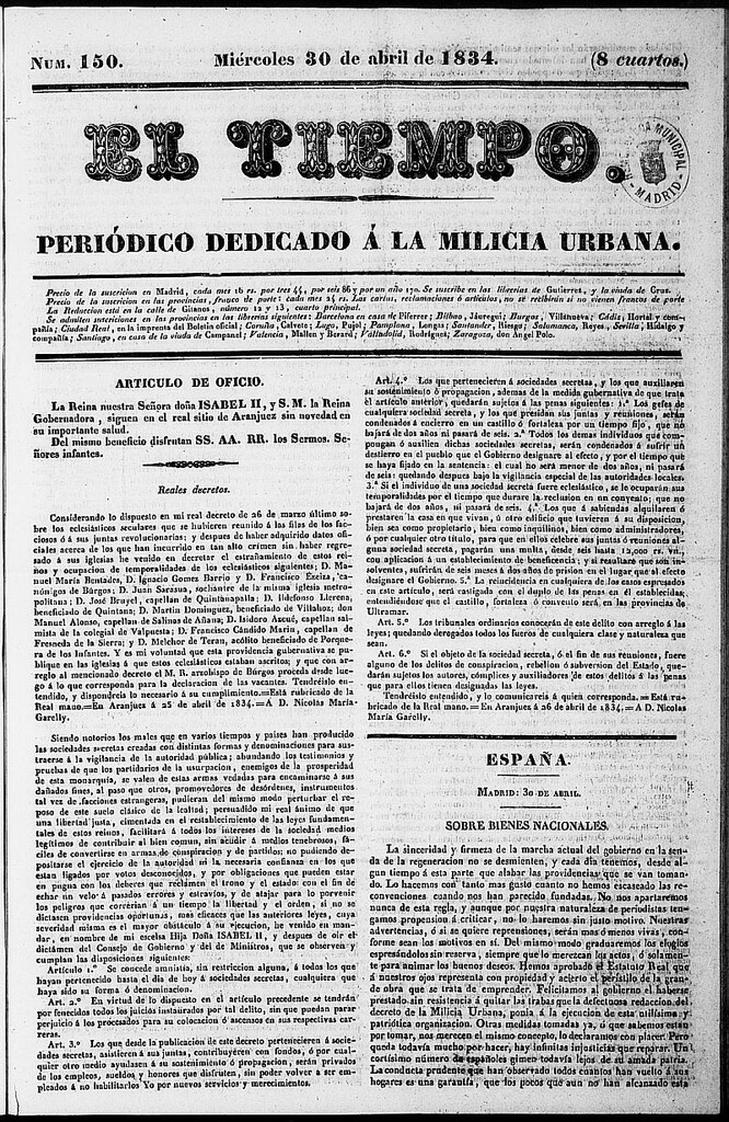 Miniatura de El Tiempo: periódico de la tarde del 30 de abril de 1834, nº 150