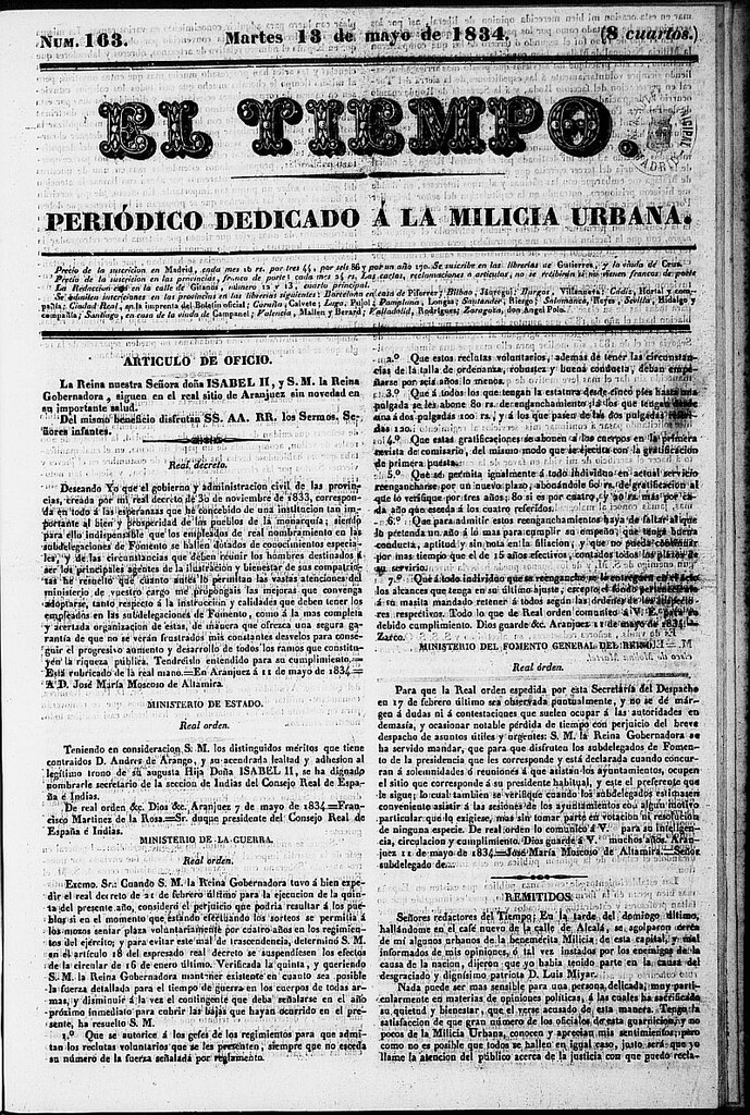 Miniatura de El Tiempo: periódico de la tarde del 13 de mayo de 1834, nº 163