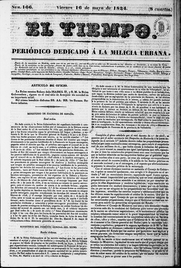 Miniatura de El Tiempo: periódico de la tarde del 16 de mayo de 1834, nº 166